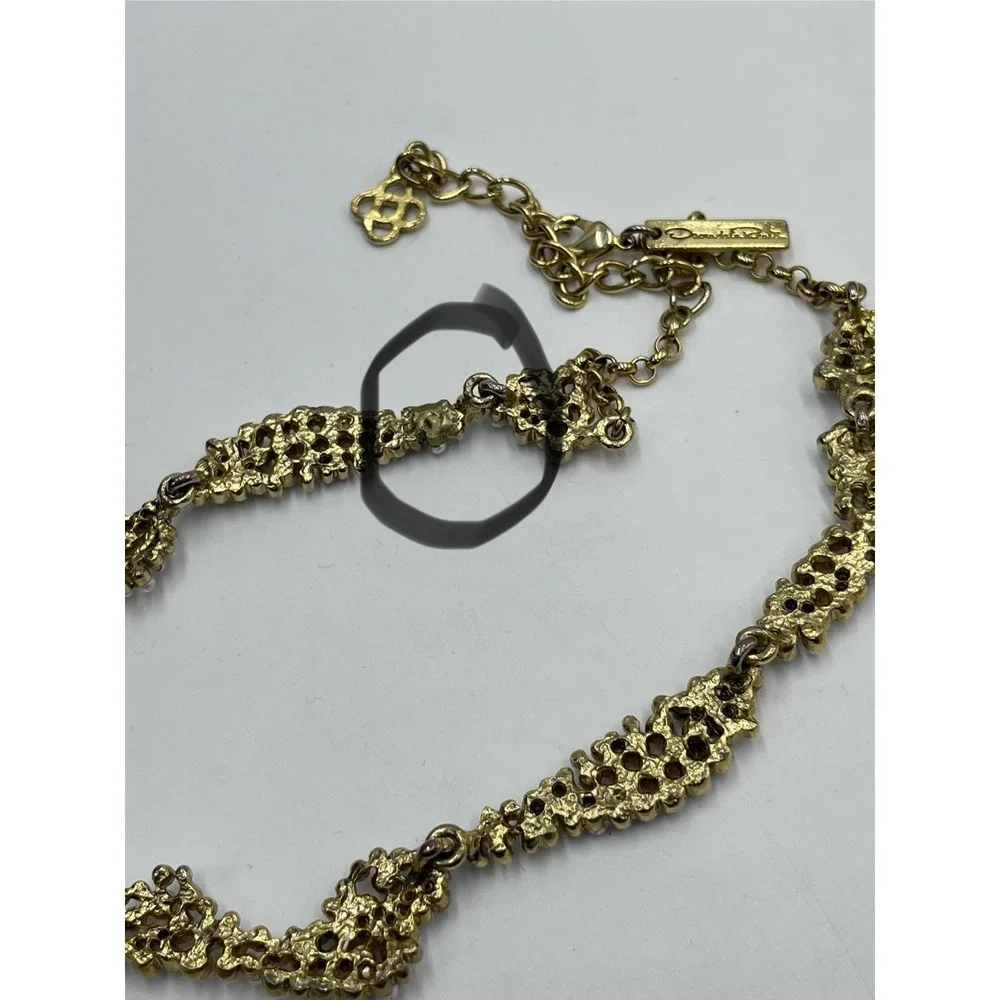 Oscar de la Renta Crystal Torn Paper Pearl Glamour Antique Gold Tone Necklace - Picture 5 of 12
